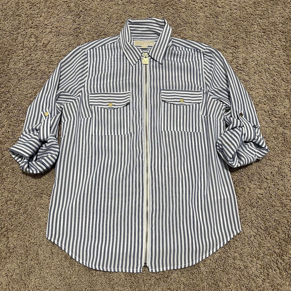 Michael Kors Shirt Womens Medium Blue Railroad Stripe Dog Tag Roll Tab Full Zip